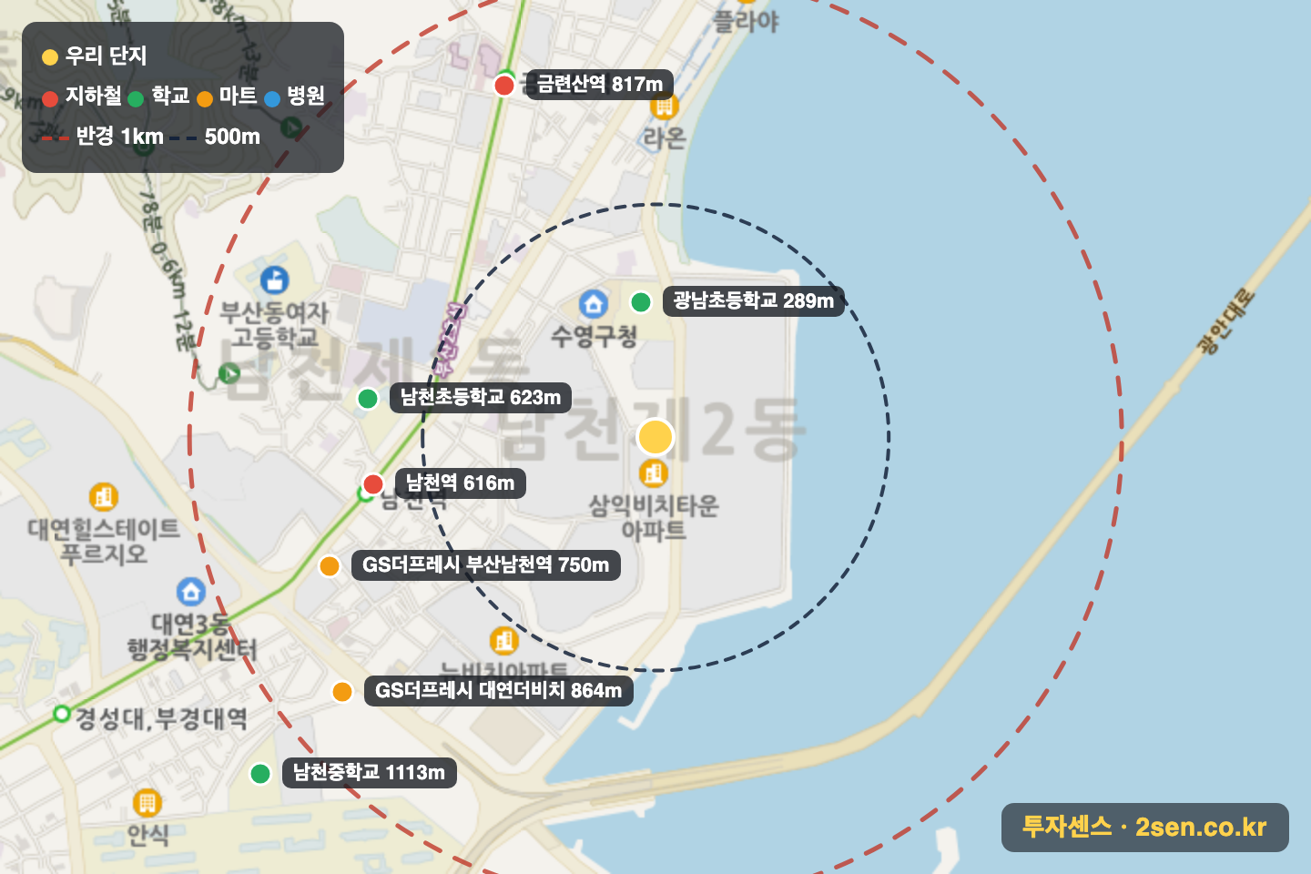 삼익비치 반경 1km 입지 지도(지하철·학교·마트)
