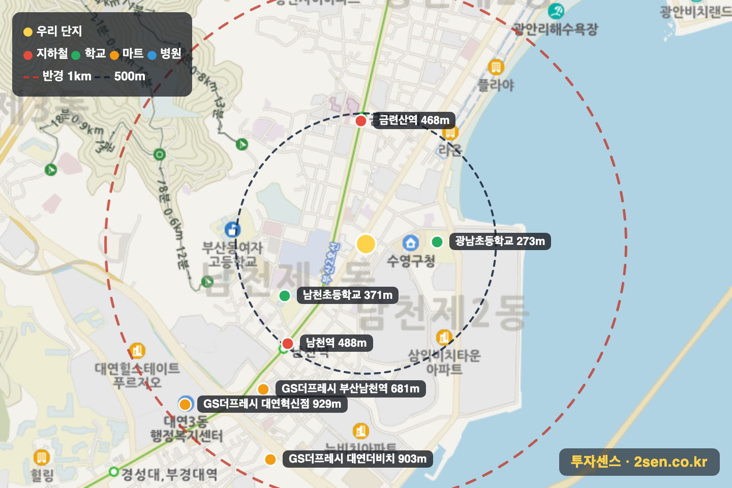 삼익빌라 반경 1km 입지 지도(지하철·학교·마트)