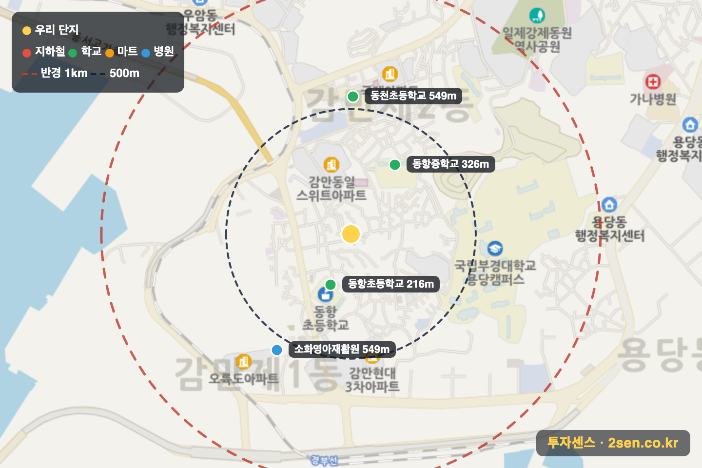 삼일 반경 1km 입지 지도(지하철·학교·마트)
