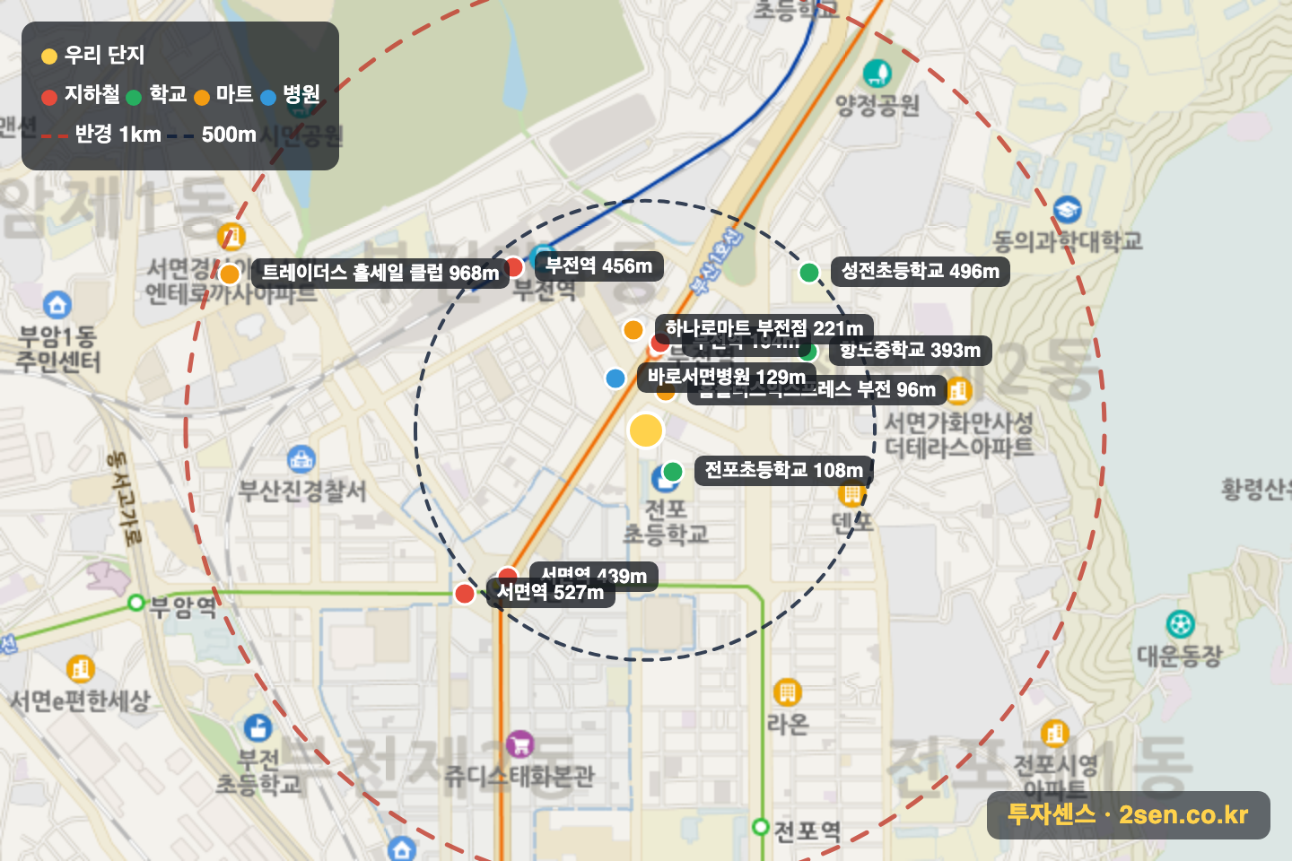 삼정코아 반경 1km 입지 지도(지하철·학교·마트)