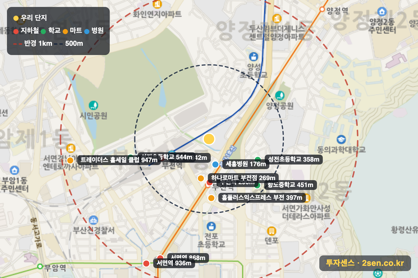 삼한골든뷰센트럴파크 반경 1km 입지 지도(지하철·학교·마트)