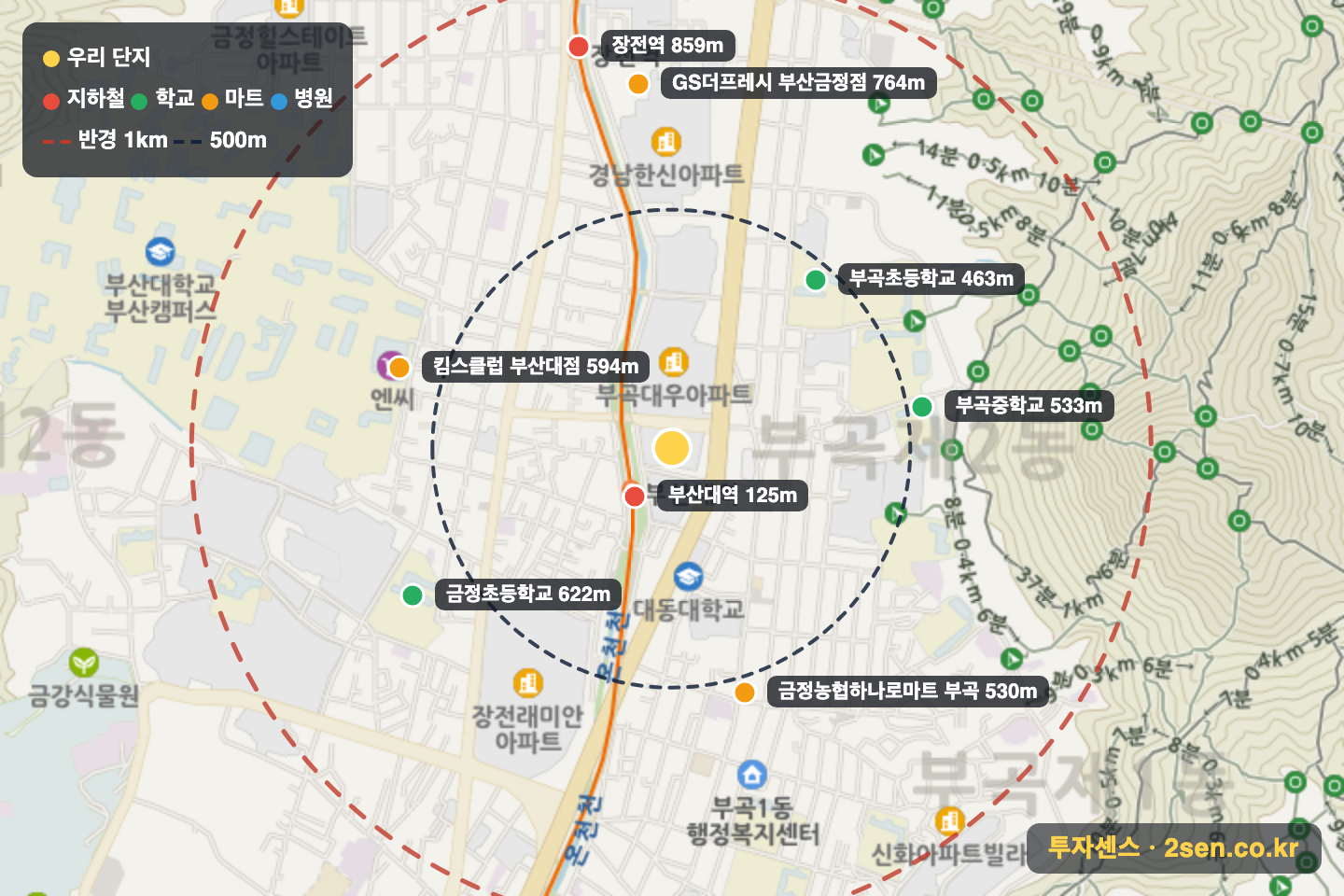삼한골든뷰에듀스테이션 반경 1km 입지 지도(지하철·학교·마트)
