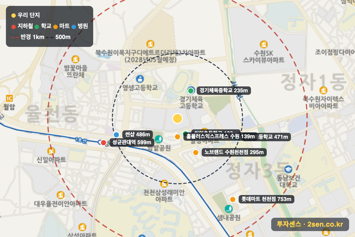 삼호진덕 반경 1km 입지 지도(지하철·학교·마트)