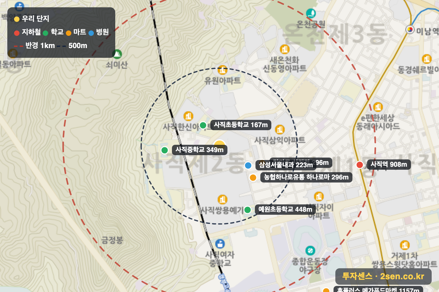 삼환나우빌 반경 1km 입지 지도(지하철·학교·마트)