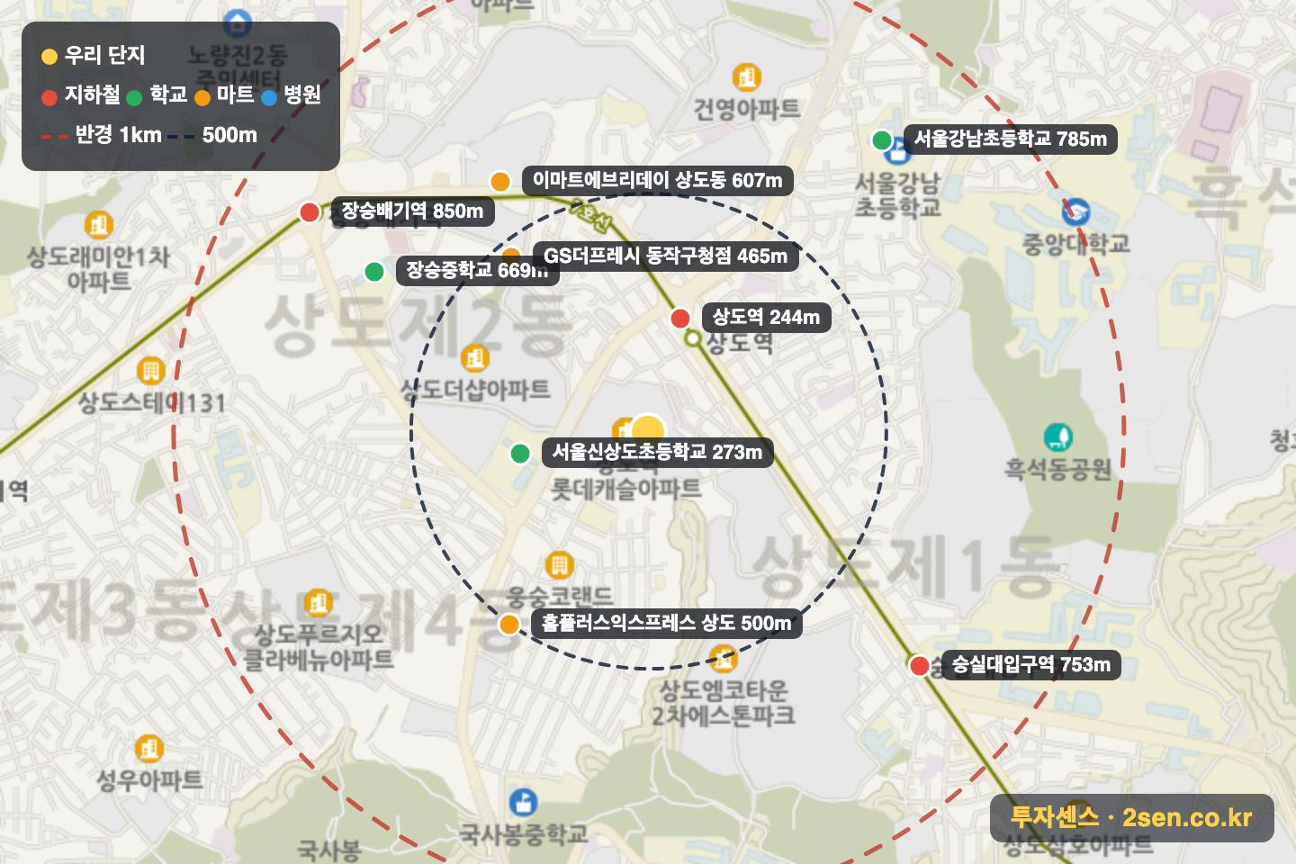 상도역롯데캐슬파크엘 반경 1km 입지 지도(지하철·학교·마트)