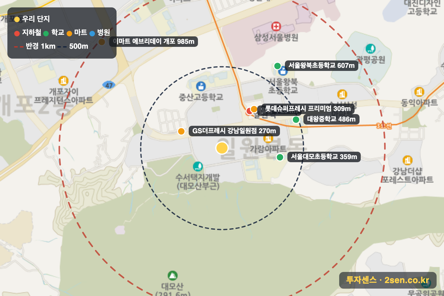 상록수 반경 1km 입지 지도(지하철·학교·마트)