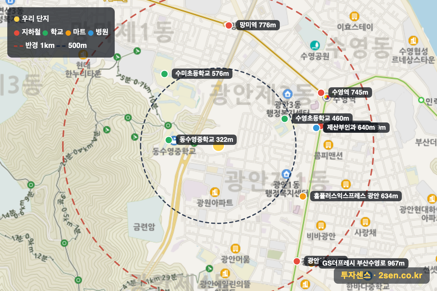 상아 반경 1km 입지 지도(지하철·학교·마트)