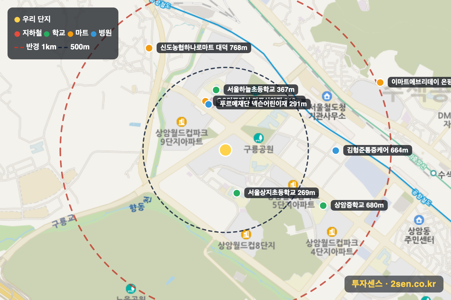상암월드컵파크7단지 반경 1km 입지 지도(지하철·학교·마트)