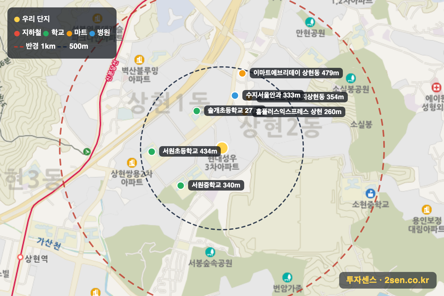 상현마을현대성우3차 반경 1km 입지 지도(지하철·학교·마트)