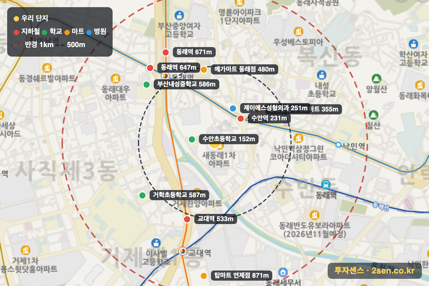 새동래1(가~라동) 반경 1km 입지 지도(지하철·학교·마트)