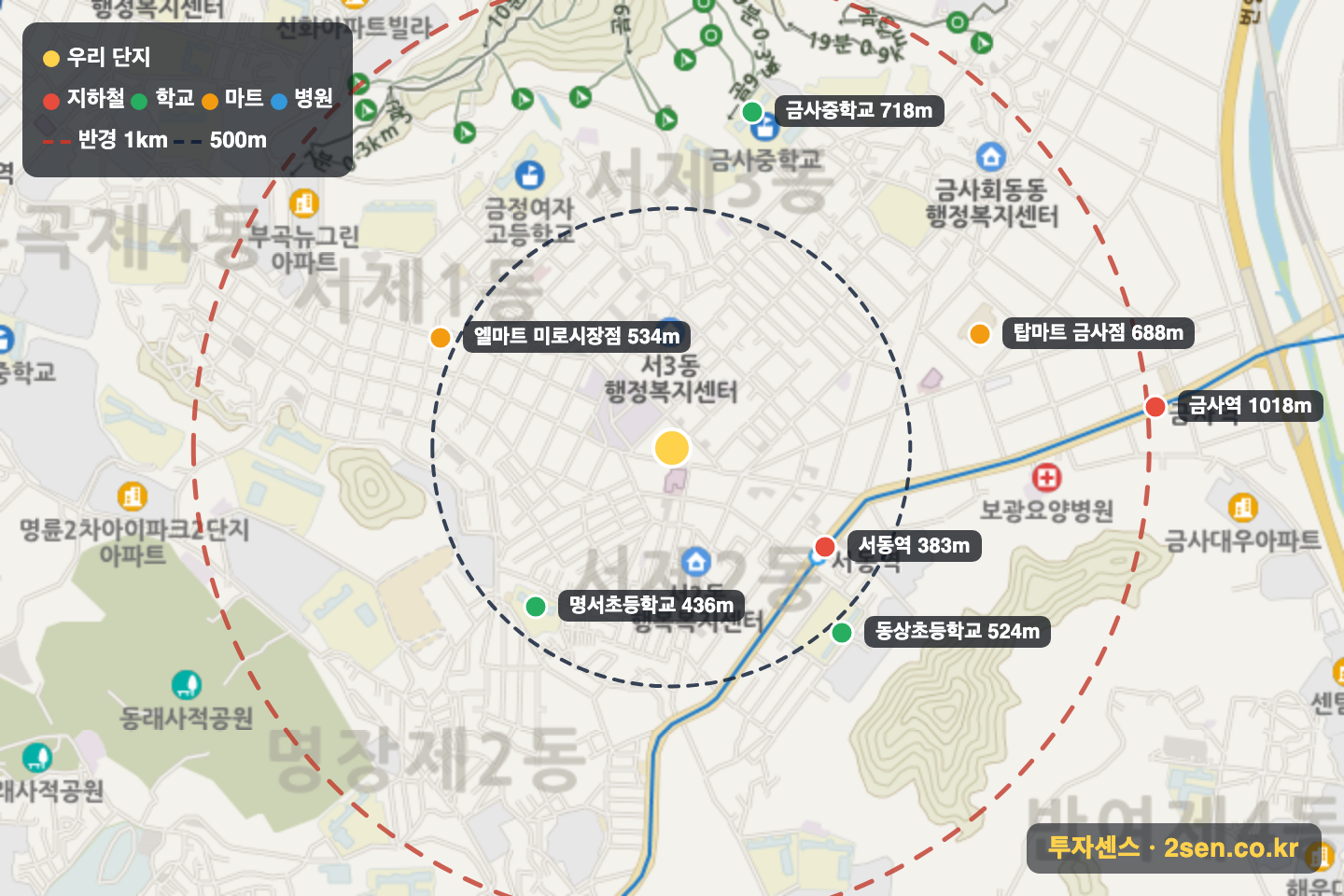 서동삼한-1 반경 1km 입지 지도(지하철·학교·마트)