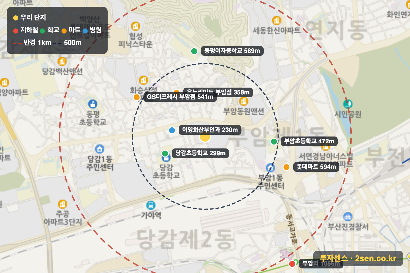 서면동일파크스위트1차 반경 1km 입지 지도(지하철·학교·마트)