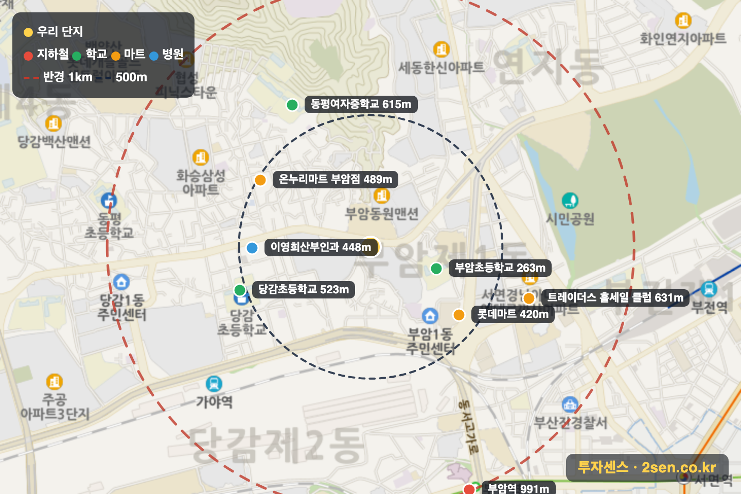 서면동일파크스위트3차 반경 1km 입지 지도(지하철·학교·마트)