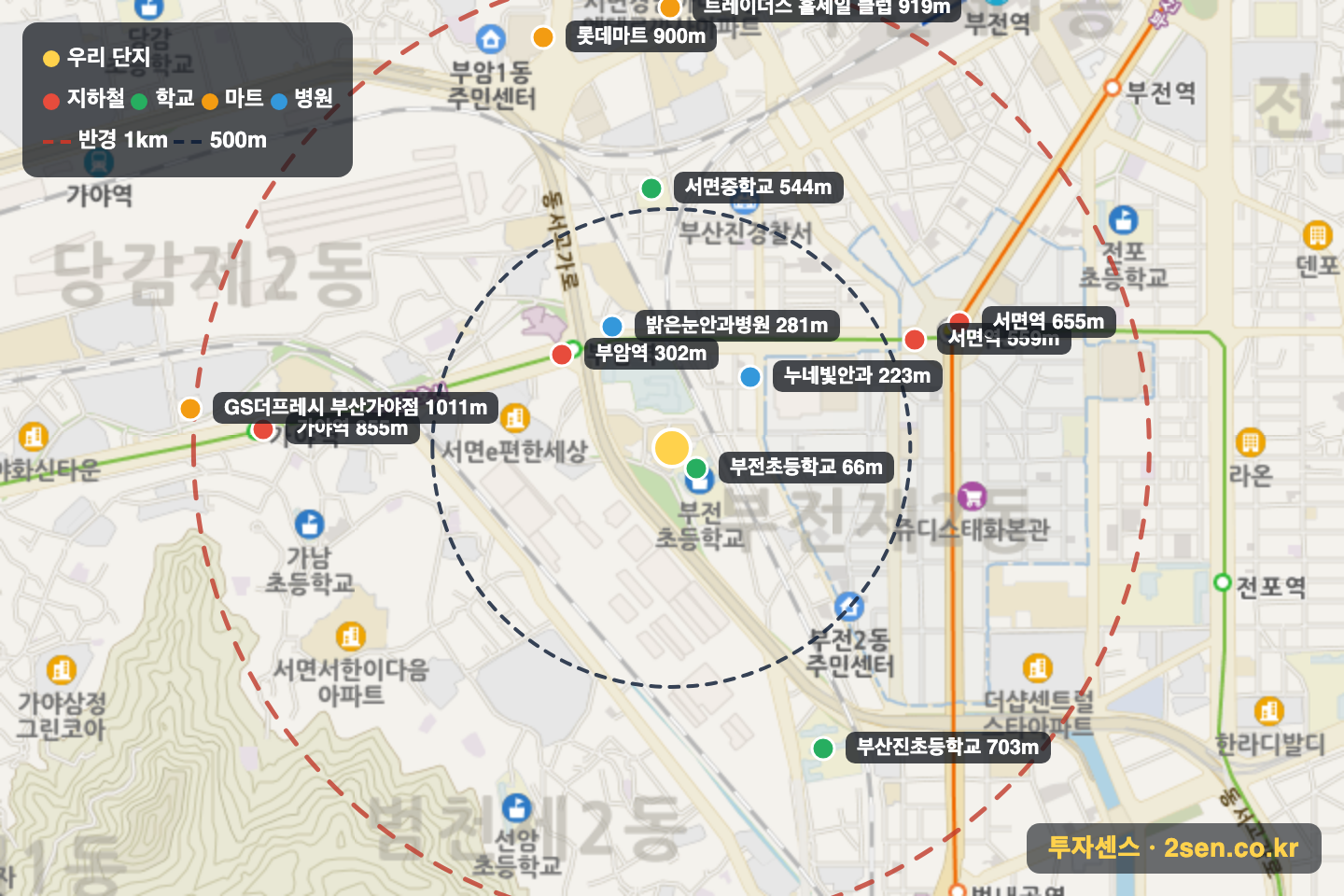 서면롯데캐슬엘루체 반경 1km 입지 지도(지하철·학교·마트)