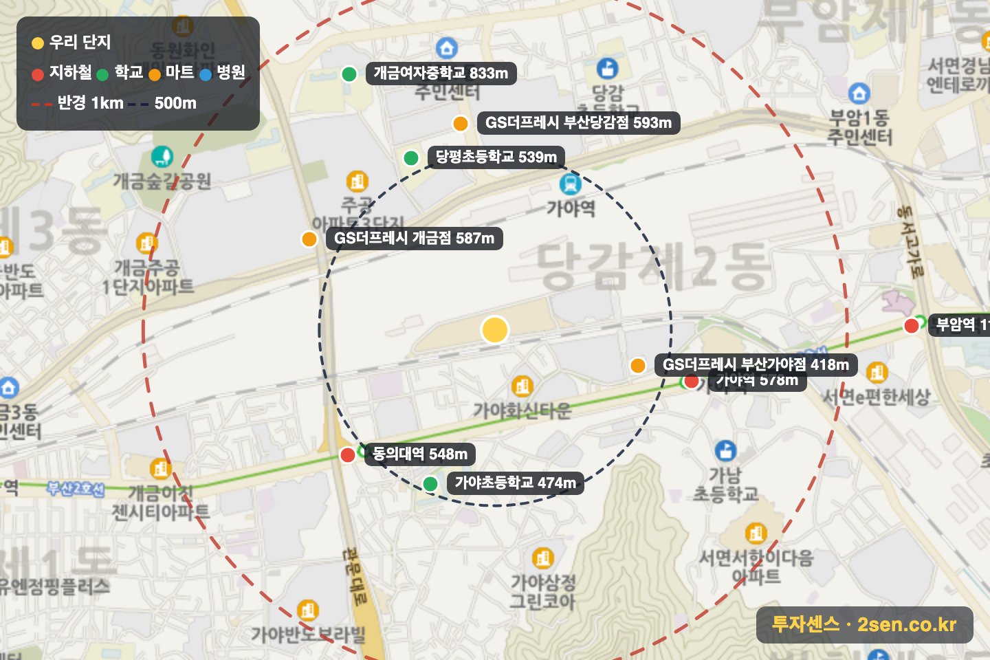 서면비스타동원 반경 1km 입지 지도(지하철·학교·마트)