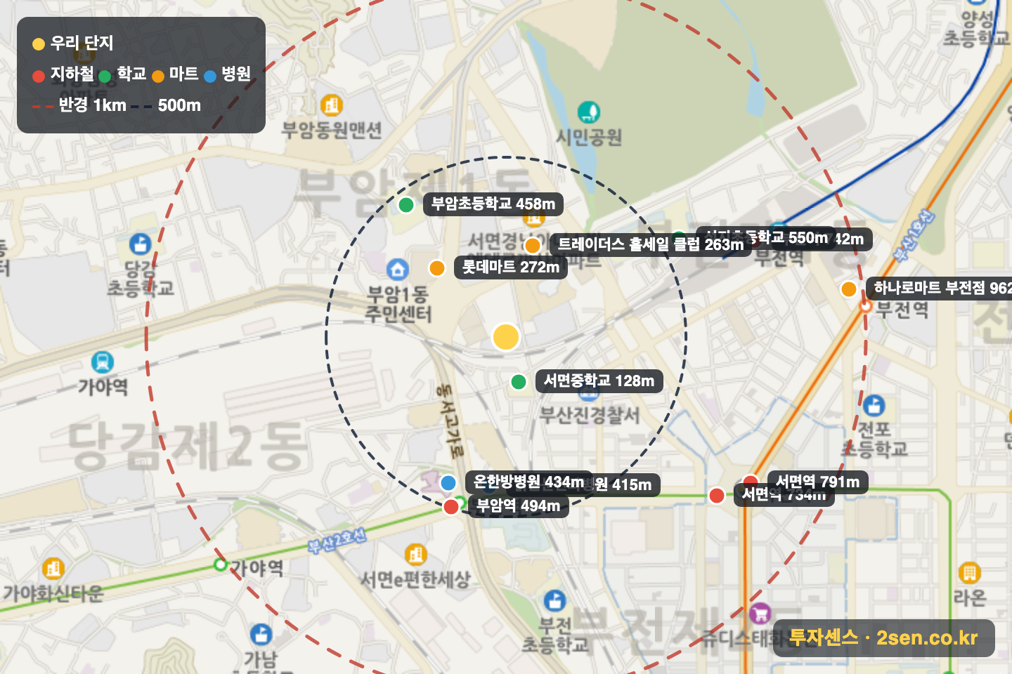 서면쌍용스윗닷홈파크 반경 1km 입지 지도(지하철·학교·마트)
