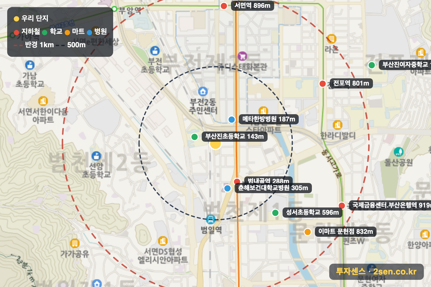 서면유림노르웨이숲 반경 1km 입지 지도(지하철·학교·마트)