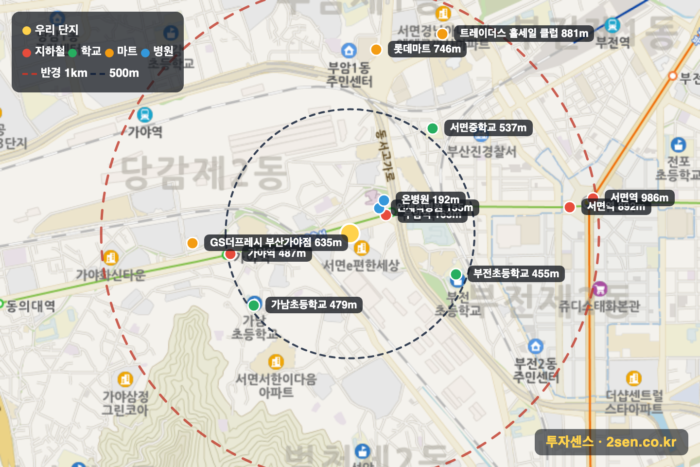 서면이-편한세상 반경 1km 입지 지도(지하철·학교·마트)