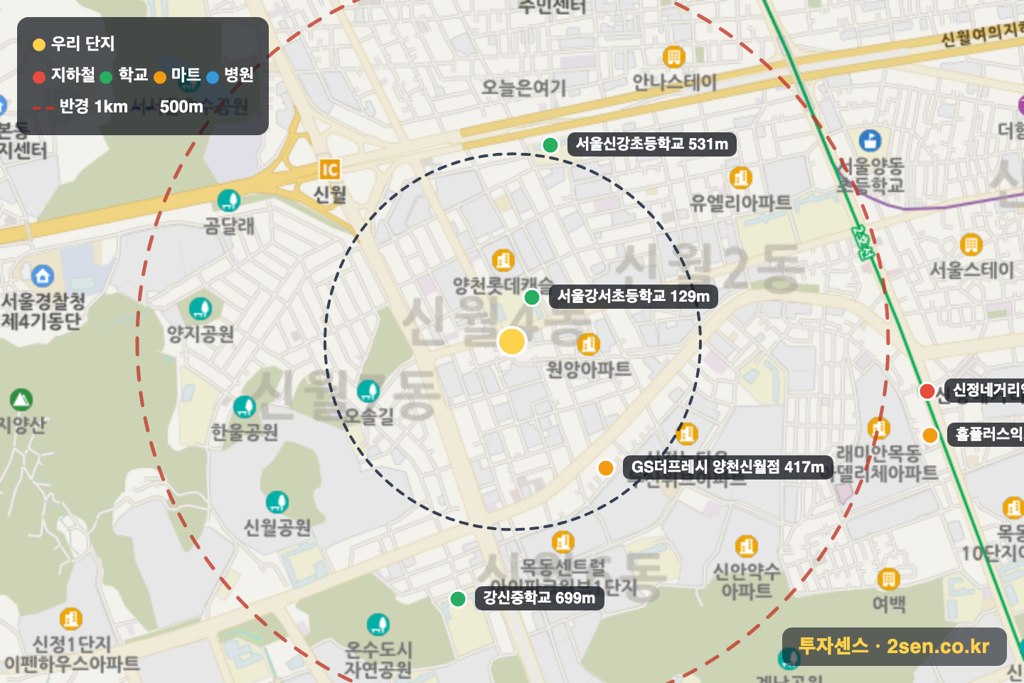 서울 반경 1km 입지 지도(지하철·학교·마트)