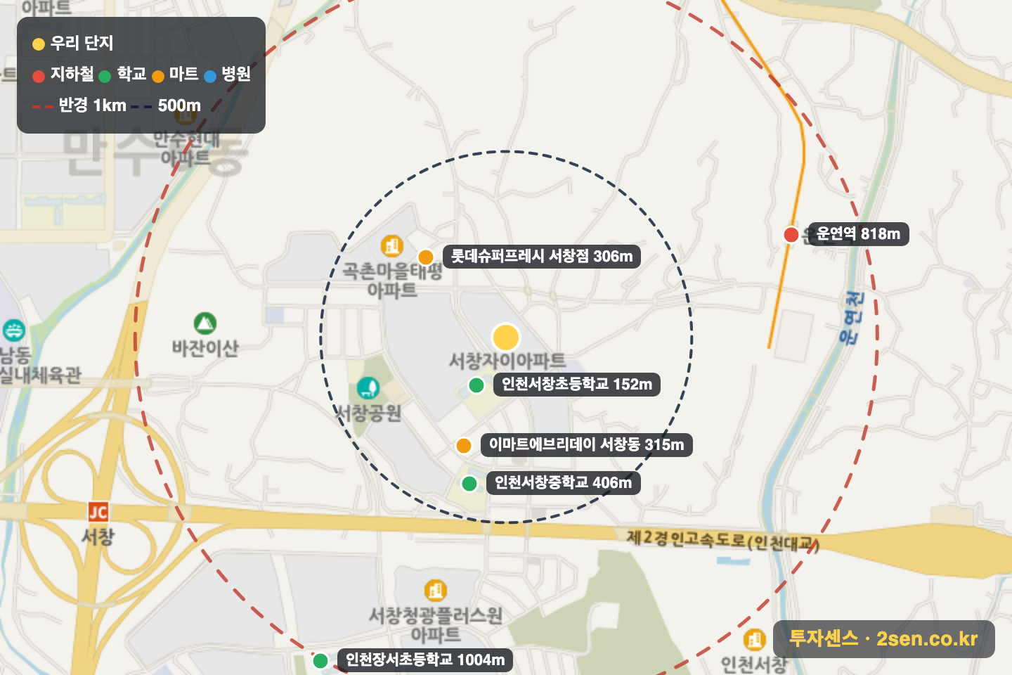 서창자이 반경 1km 입지 지도(지하철·학교·마트)