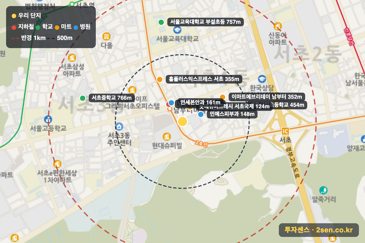 서초쌍용플래티넘 반경 1km 입지 지도(지하철·학교·마트)