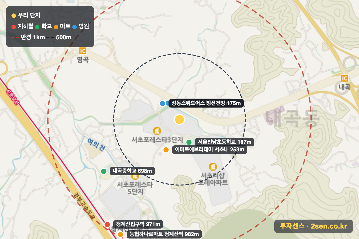 서초포레스타2단지 반경 1km 입지 지도(지하철·학교·마트)