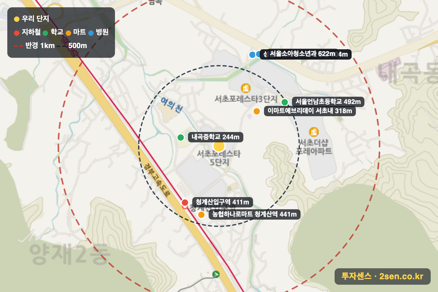 서초포레스타5단지 반경 1km 입지 지도(지하철·학교·마트)