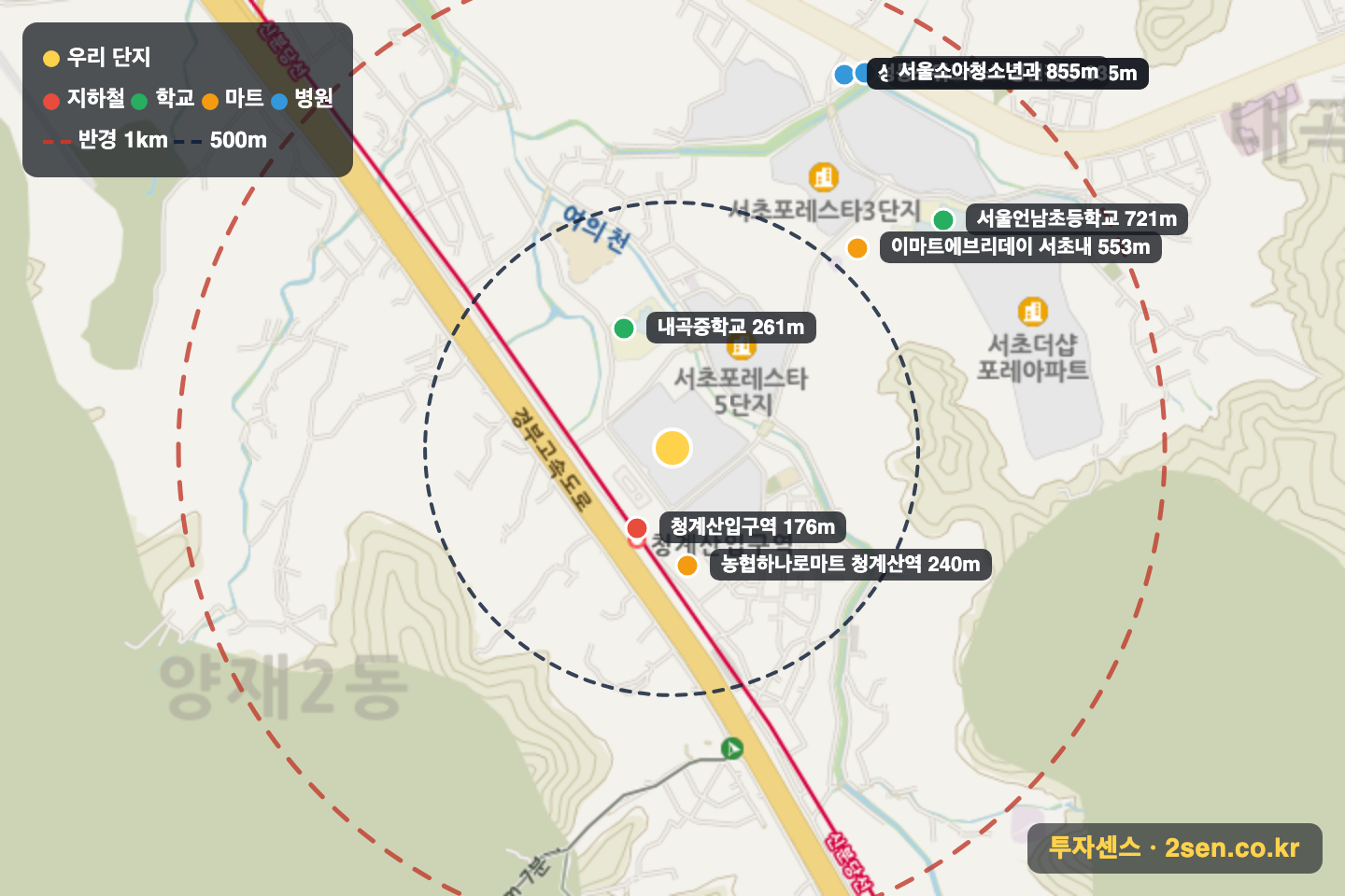 서초포레스타6단지 반경 1km 입지 지도(지하철·학교·마트)
