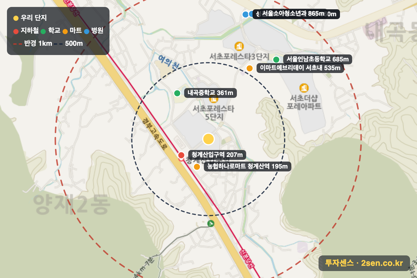 서초포레스타7단지 반경 1km 입지 지도(지하철·학교·마트)