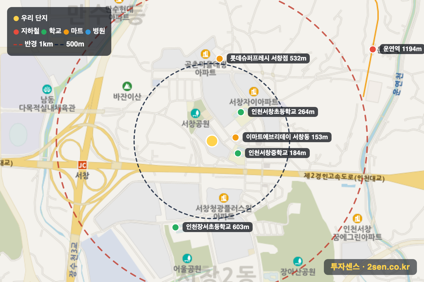서해그랑블 반경 1km 입지 지도(지하철·학교·마트)