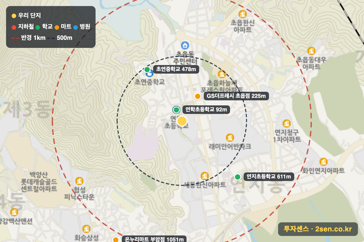 선경 반경 1km 입지 지도(지하철·학교·마트)