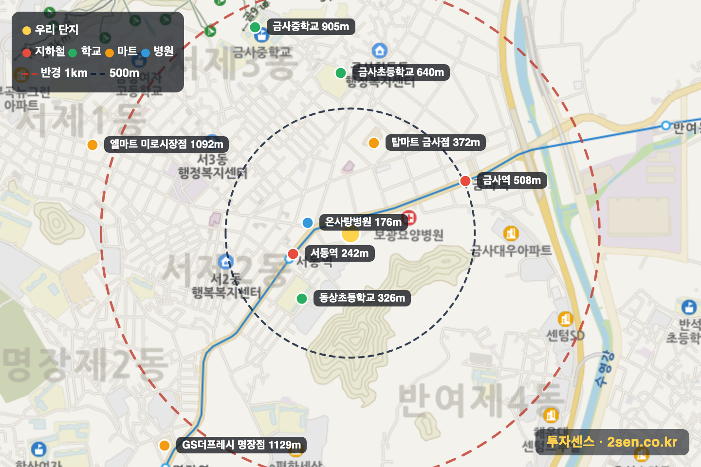 선경1 반경 1km 입지 지도(지하철·학교·마트)