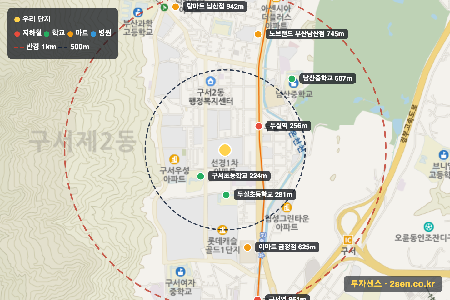 선경2 반경 1km 입지 지도(지하철·학교·마트)