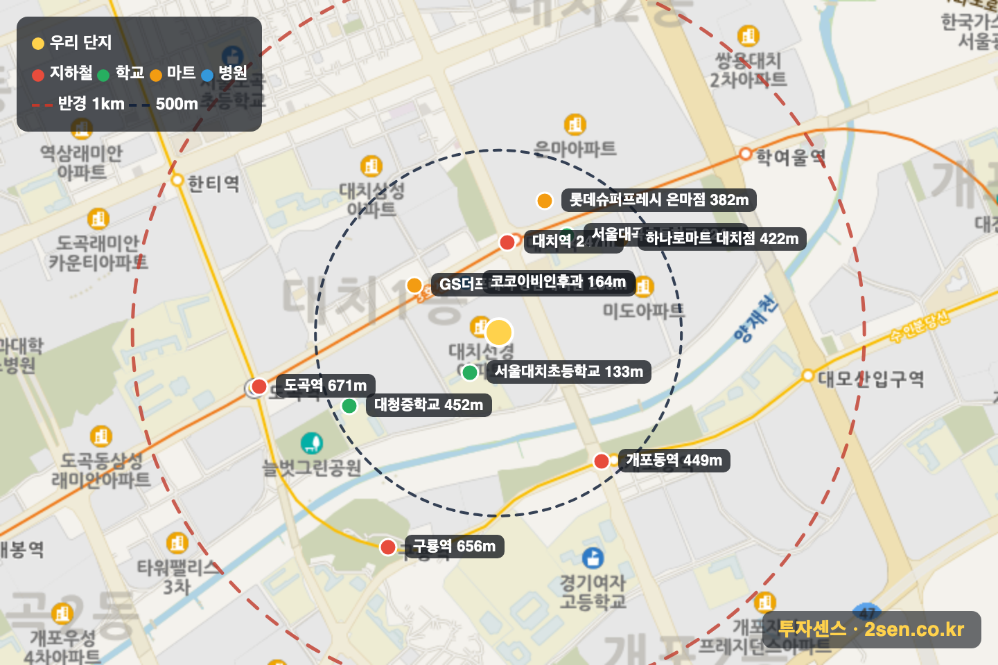 선경2차(8동-12동) 반경 1km 입지 지도(지하철·학교·마트)