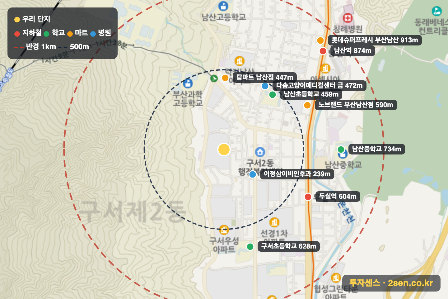 선경3 반경 1km 입지 지도(지하철·학교·마트)