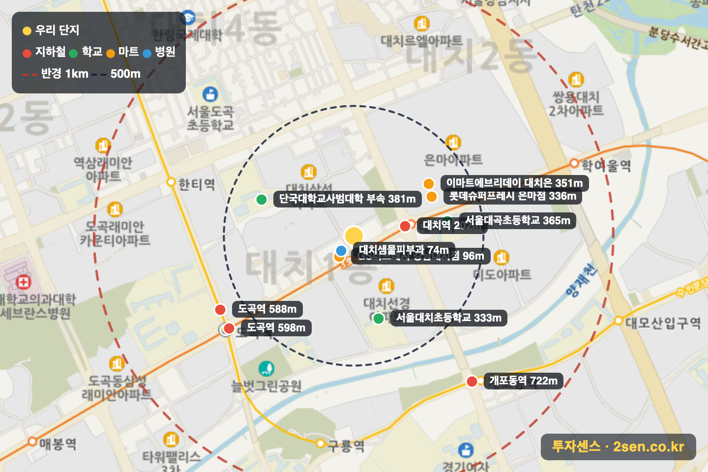 선경3차 반경 1km 입지 지도(지하철·학교·마트)