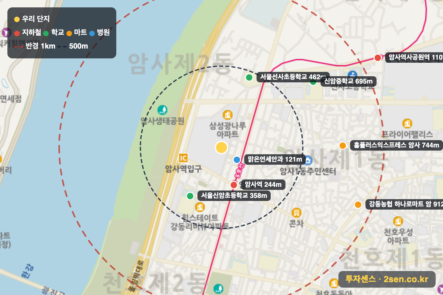 선사현대아파트 반경 1km 입지 지도(지하철·학교·마트)