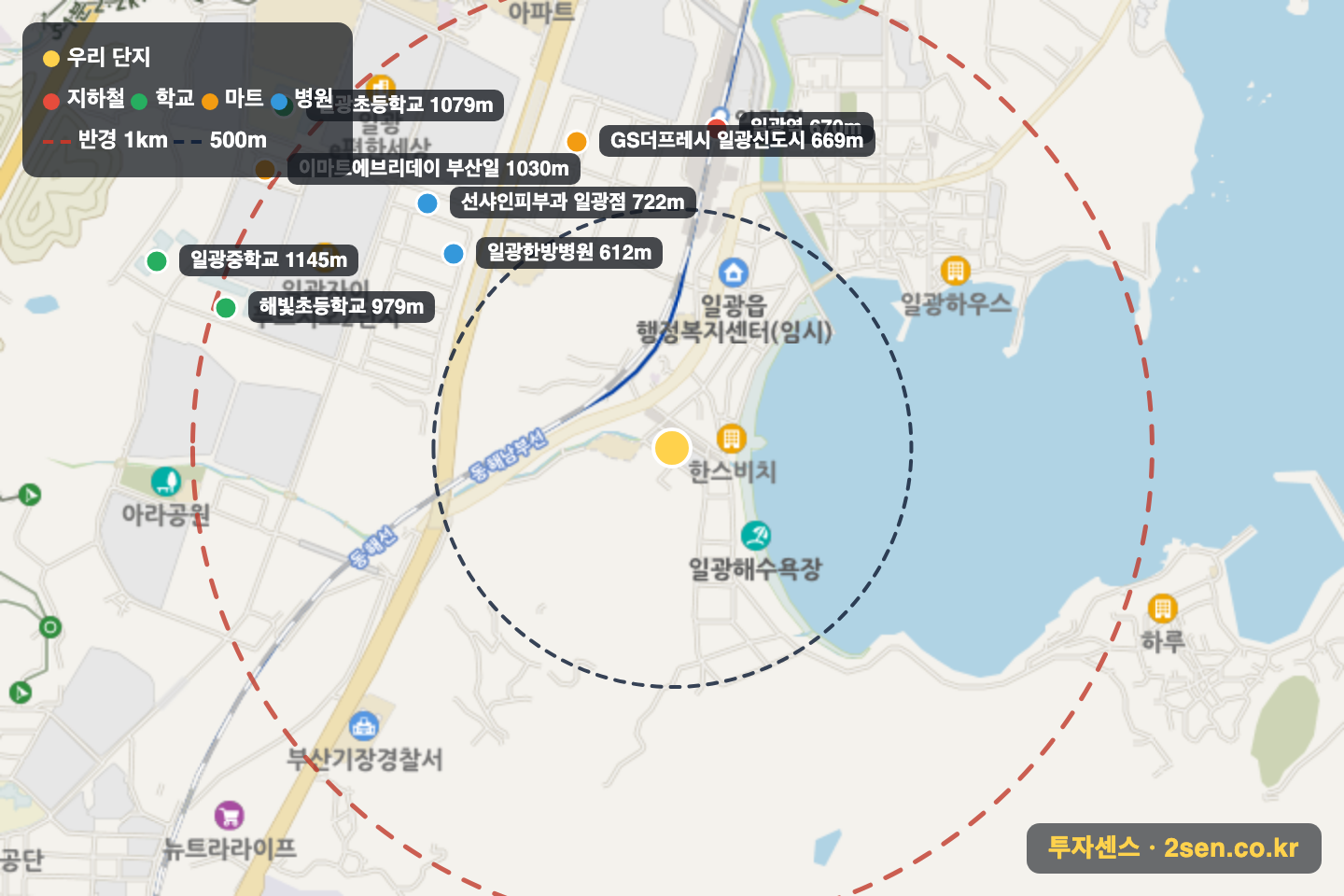 선우 반경 1km 입지 지도(지하철·학교·마트)