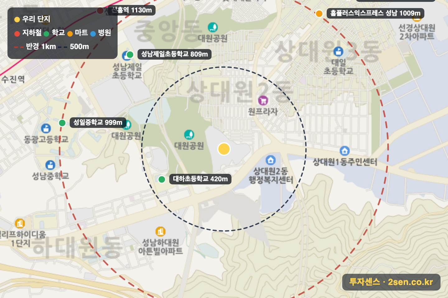 성남자이 반경 1km 입지 지도(지하철·학교·마트)