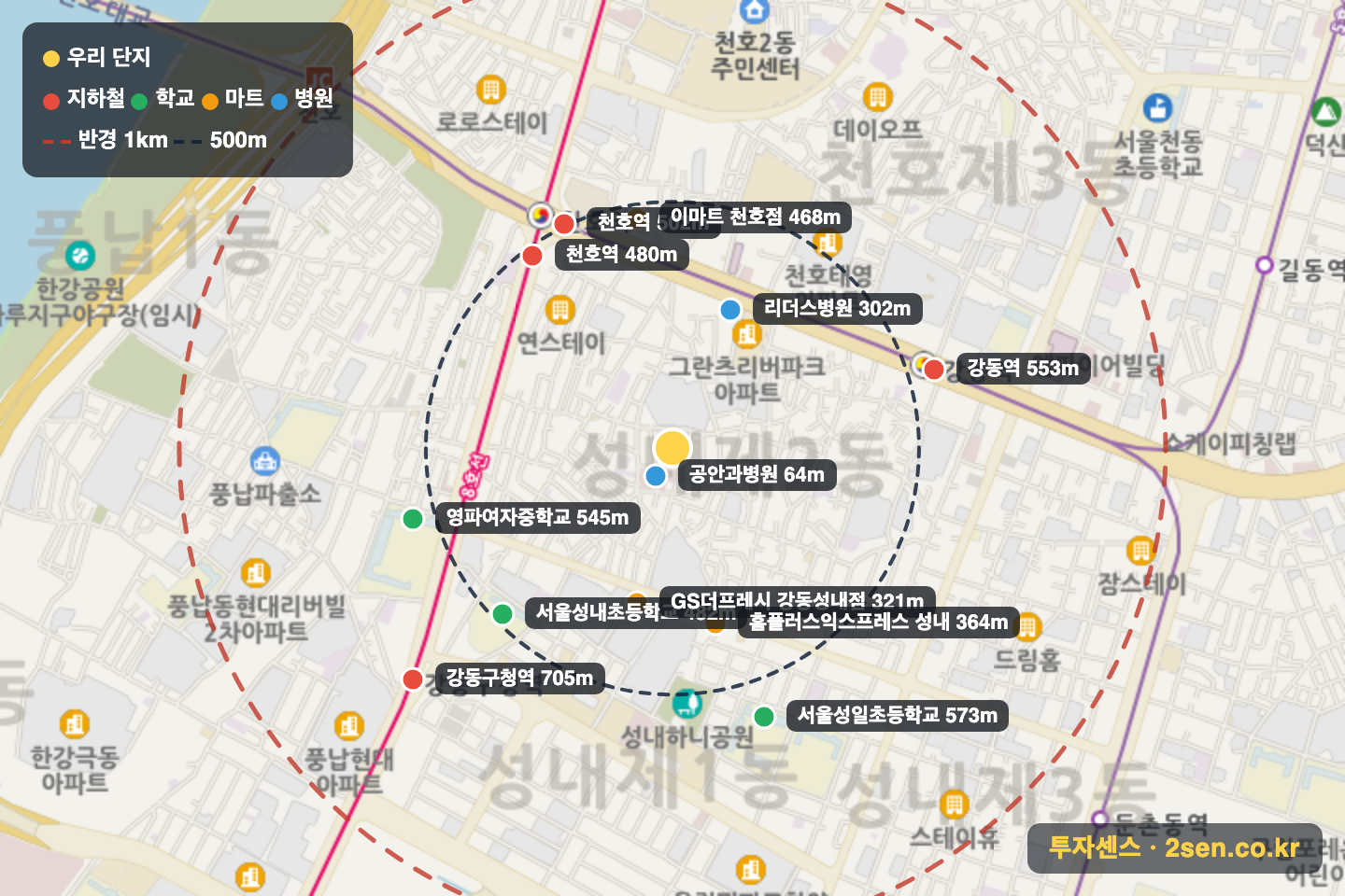 성내2차e-편한세상 반경 1km 입지 지도(지하철·학교·마트)