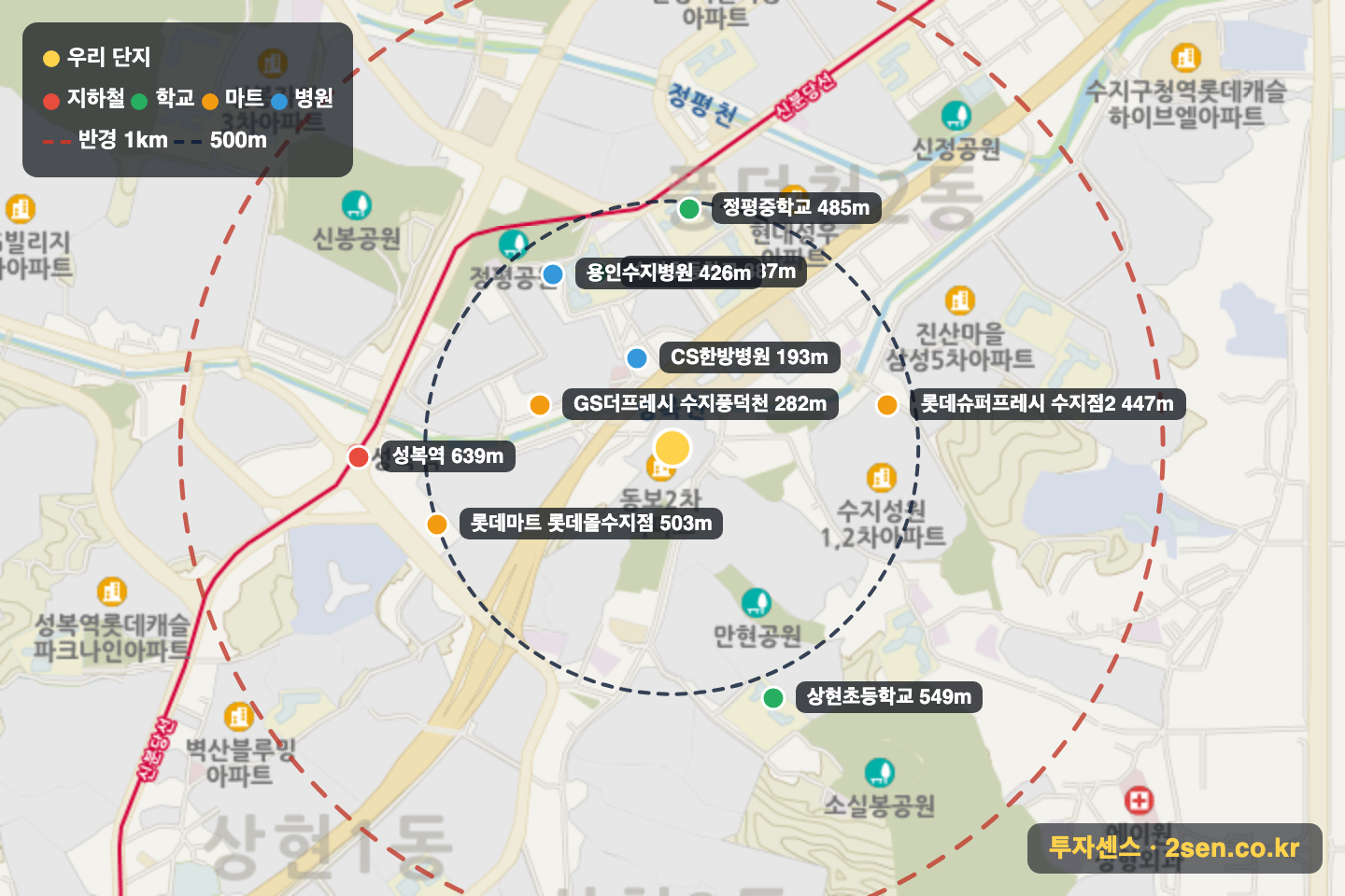 성복역리버파크 반경 1km 입지 지도(지하철·학교·마트)