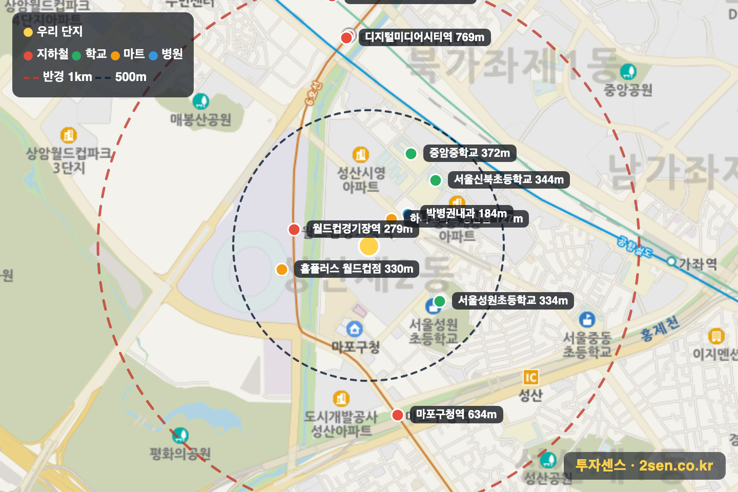 성산시영(대우) 반경 1km 입지 지도(지하철·학교·마트)