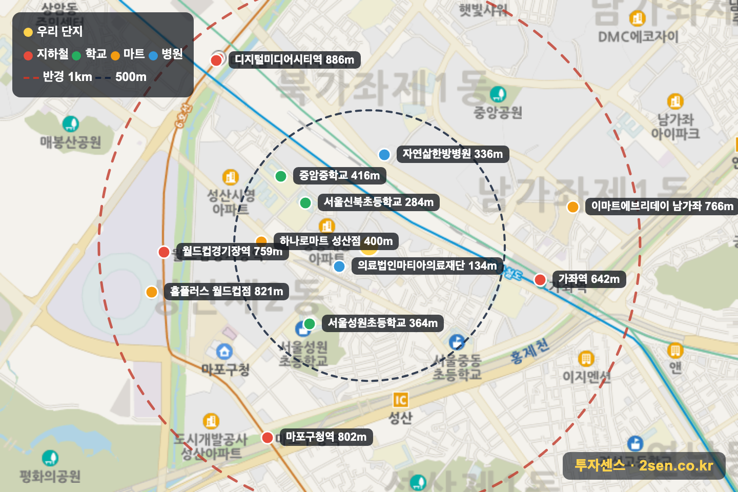 성산월드타운대림 반경 1km 입지 지도(지하철·학교·마트)