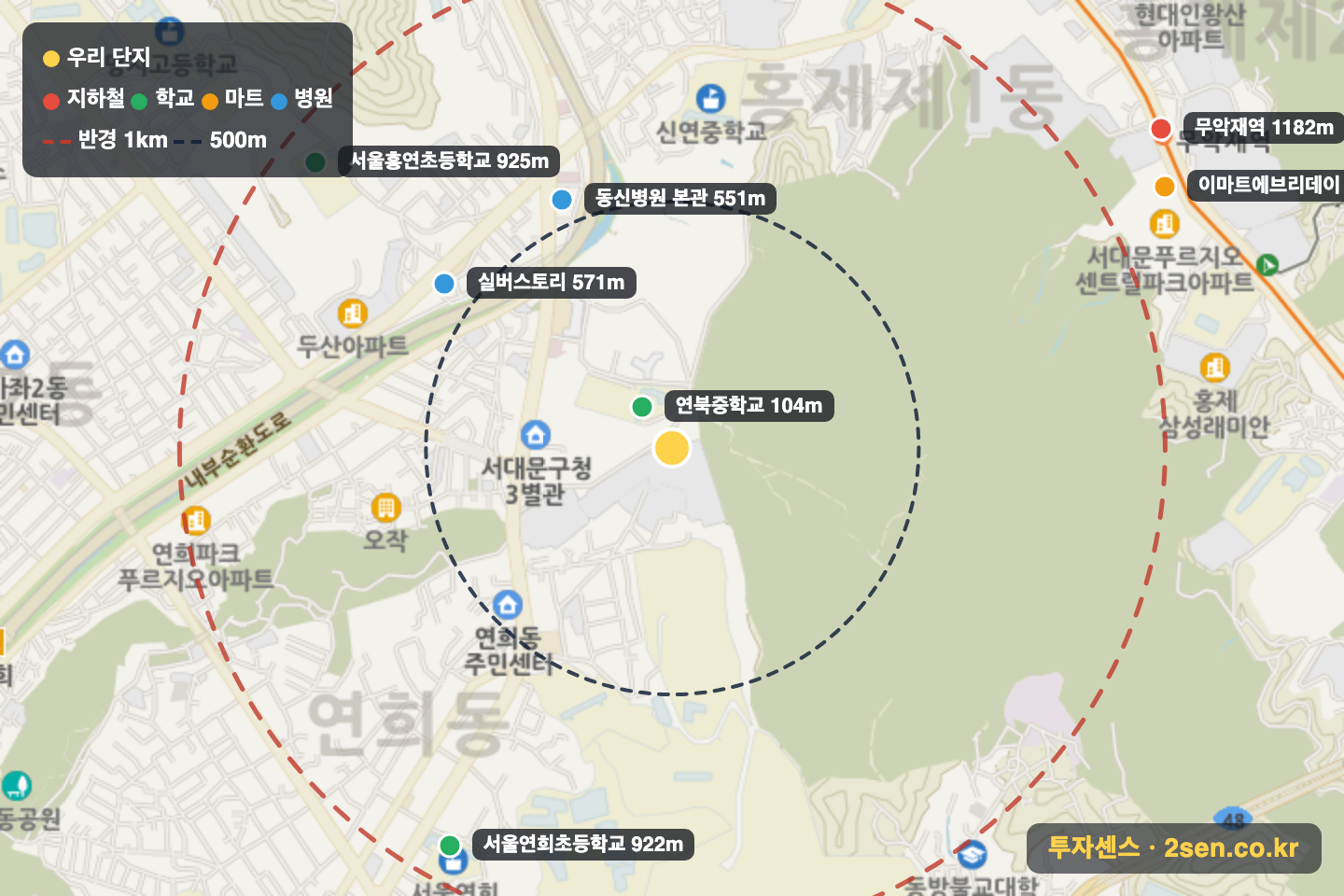 성원 반경 1km 입지 지도(지하철·학교·마트)