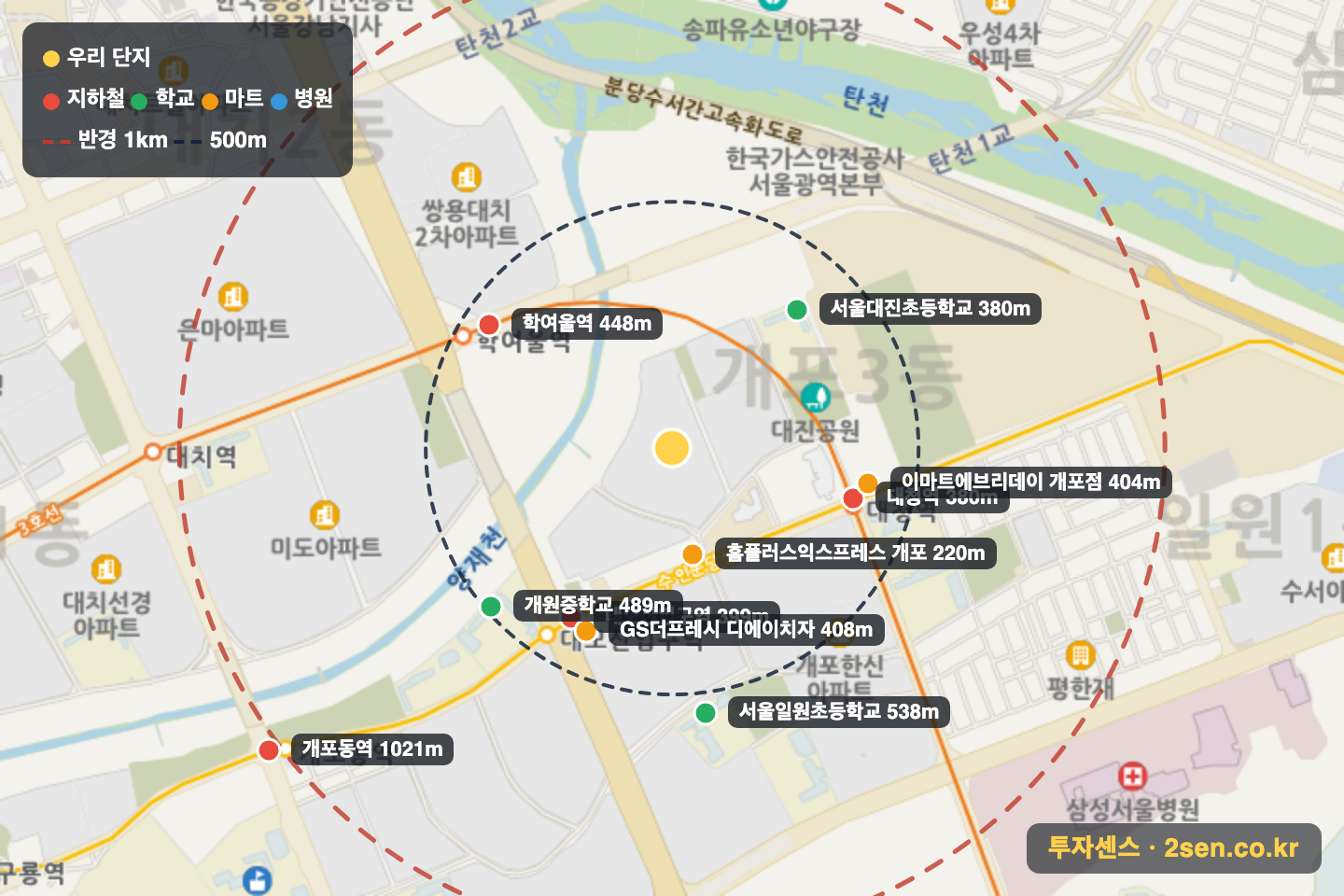 성원대치2단지아파트 반경 1km 입지 지도(지하철·학교·마트)