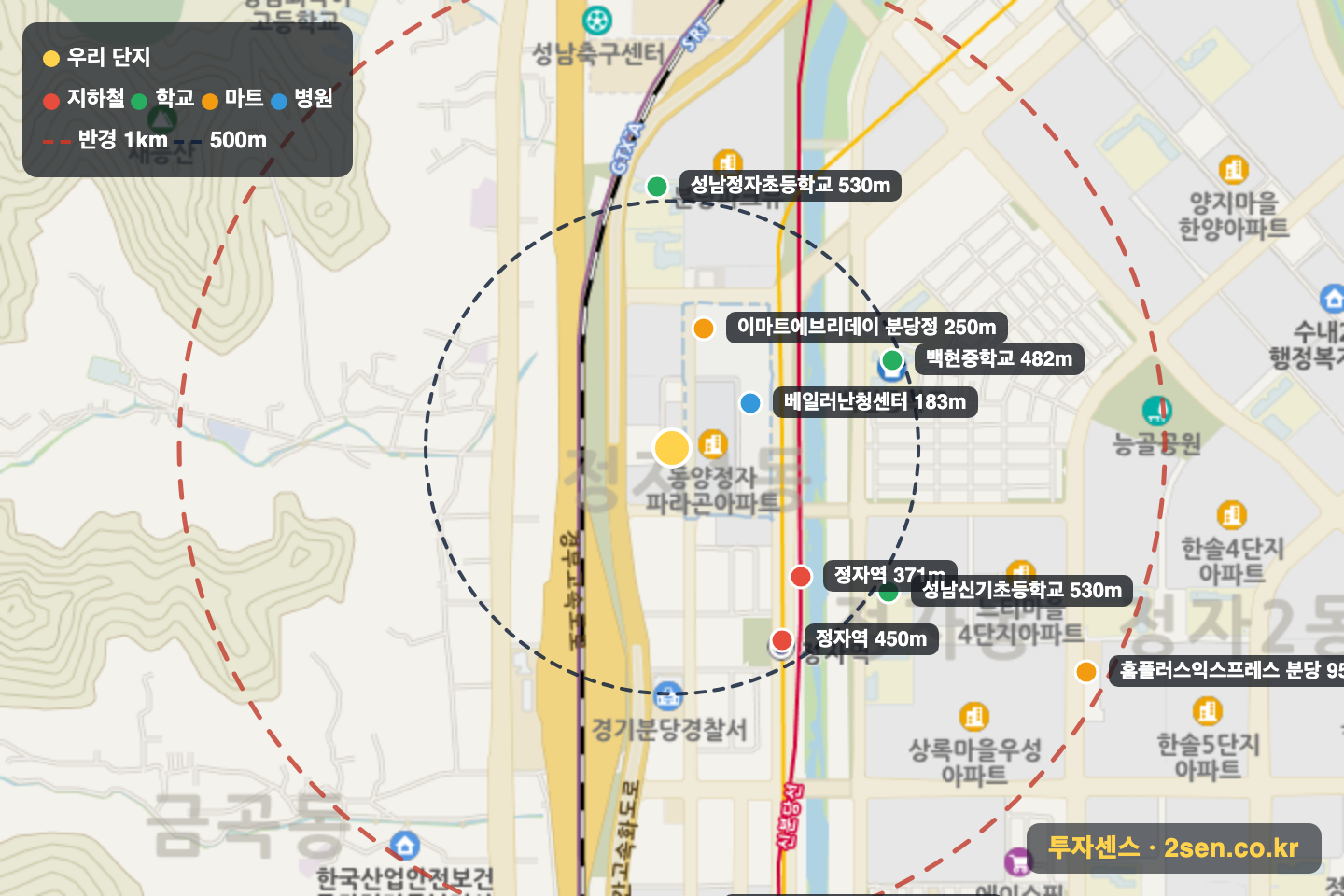 성원상떼뷰101동 반경 1km 입지 지도(지하철·학교·마트)