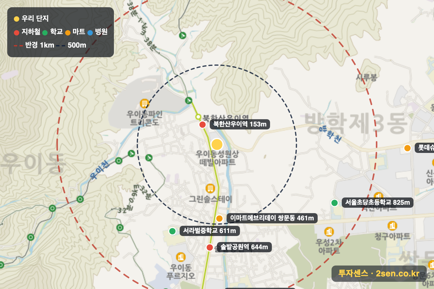 성원상떼빌 반경 1km 입지 지도(지하철·학교·마트)