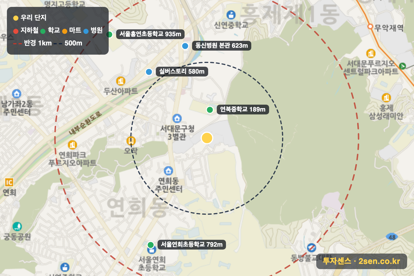 성원쌍떼빌팰리스 반경 1km 입지 지도(지하철·학교·마트)