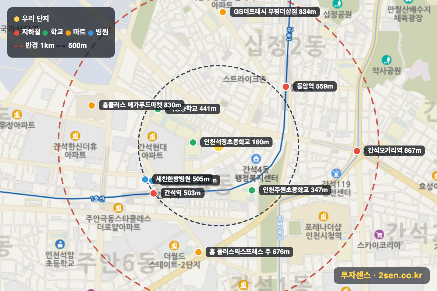 성호 반경 1km 입지 지도(지하철·학교·마트)