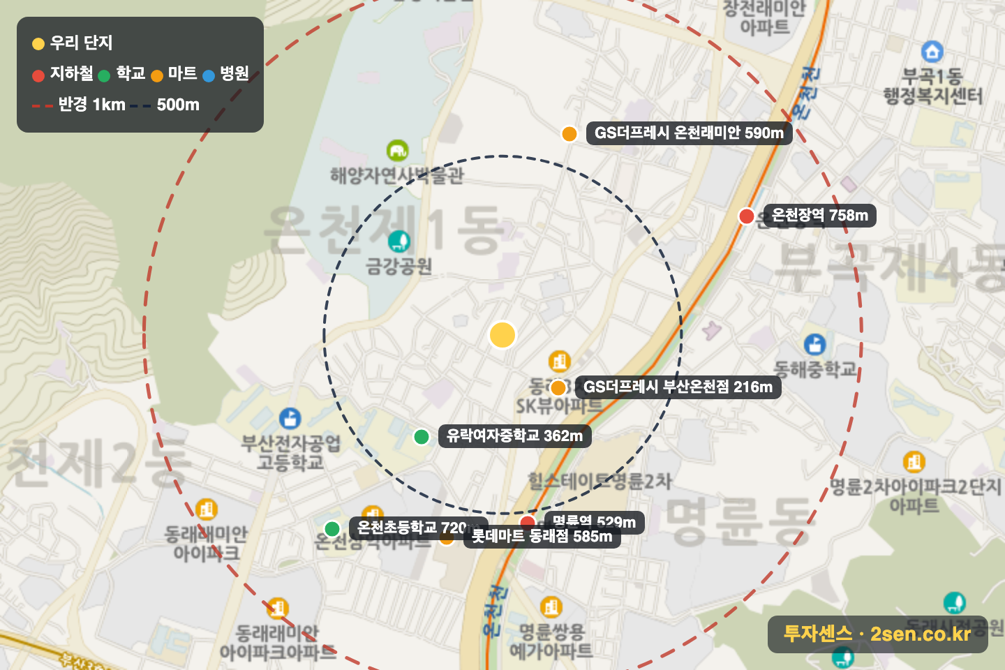세진베스트빌 반경 1km 입지 지도(지하철·학교·마트)